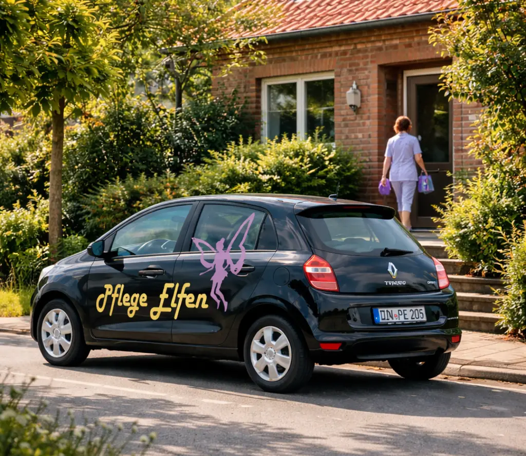Pflege Elfen Dienstfahrzeug vor einem Wohnhaus im Einsatz der ambulanten Pflege in Dinslake