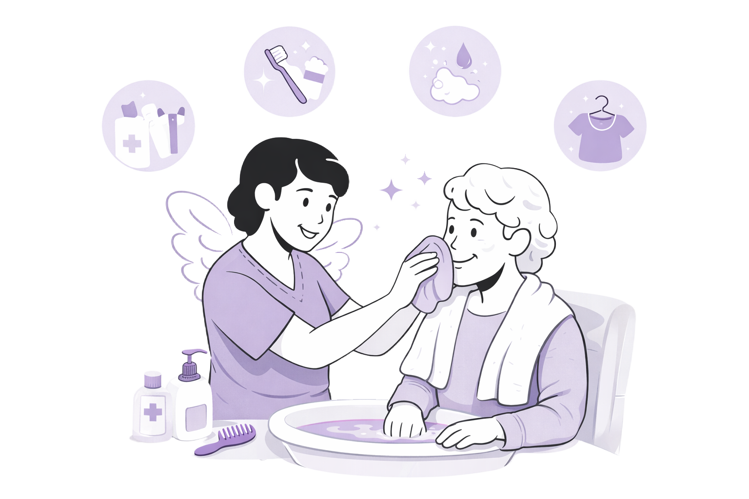 Freundliche Illustration einer Pflegekraft unterstützt eine ältere Person bei der täglichen Körperpflege am Waschbecken