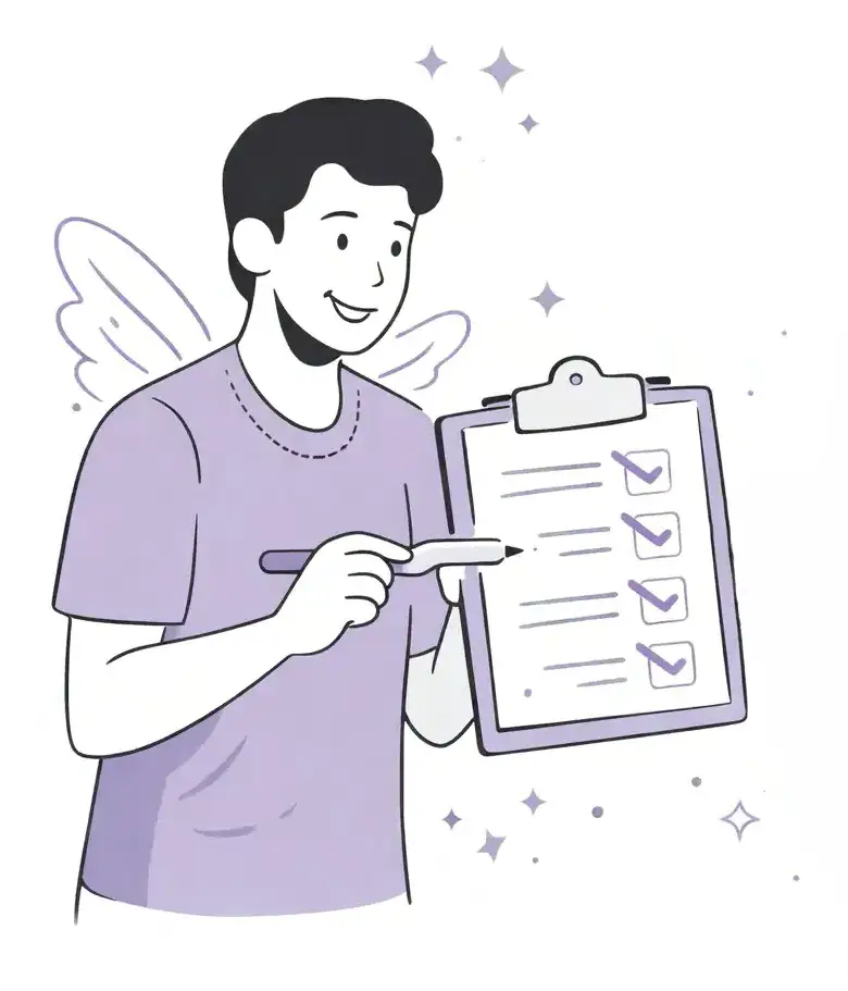 Freundliche Illustration eines Mitarbeiters mit Klemmbrett und Checkliste mit Elfen-Flügeln