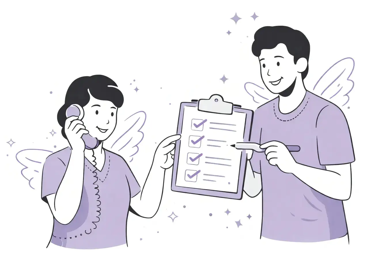 pflegeelfen-ambulanterpflegedienst_optimalversorgt4 Freundliche Mitarbeiterin im Telefonsupport mit Hörer in der Hand, neben ihr ein Kollege mit Klemmbrett und Checkliste; beide als stilisierte Pflege-Engel in lila Arbeitskleidung.