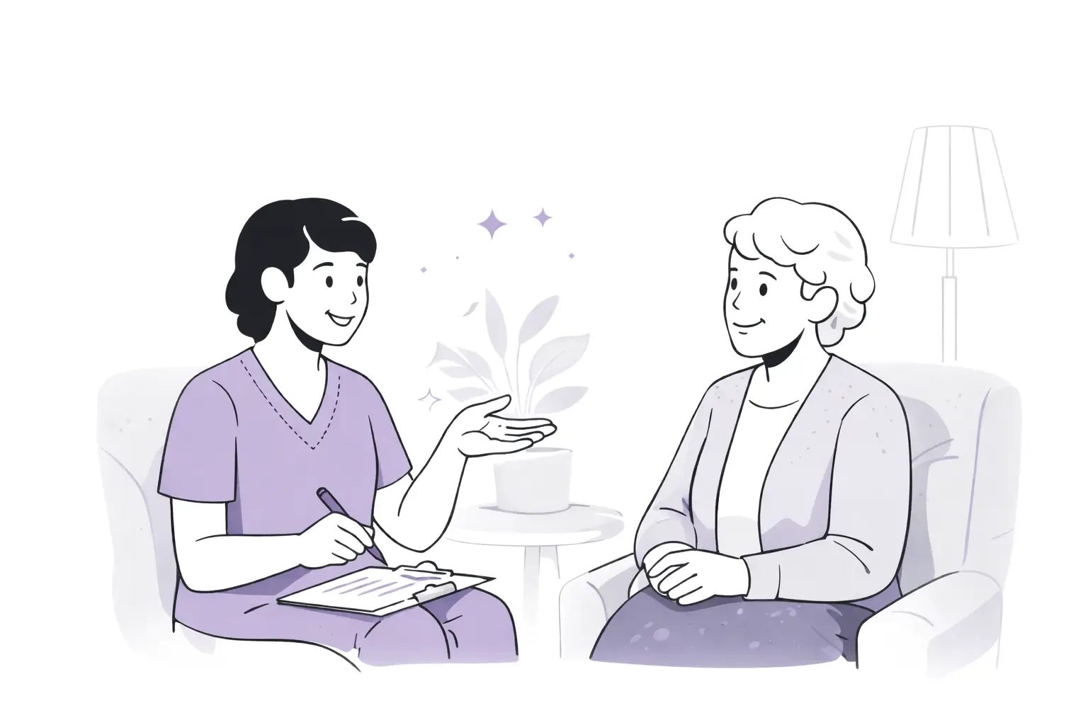 Pflegekraft im Beratungsgespräch mit einer Frau in ruhiger Wohnumgebung.