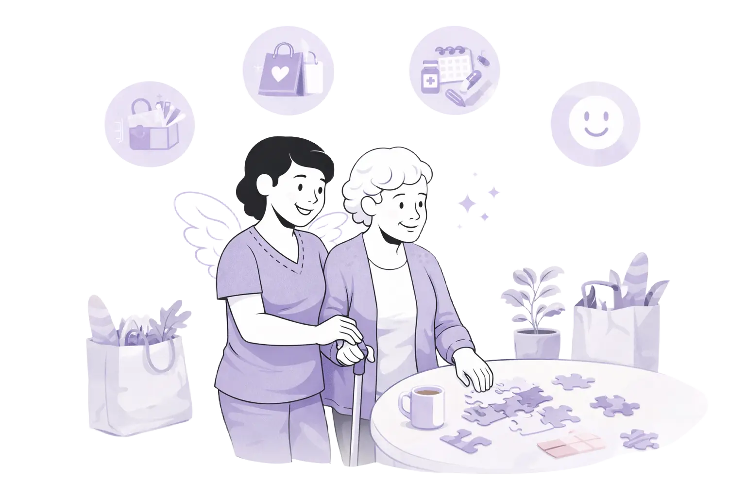 Freundliche Illustration einer Pflegekraft, die eine ältere Person im Alltag bei gemeinsamen Aktivitäten und Einkäufen begleitet.