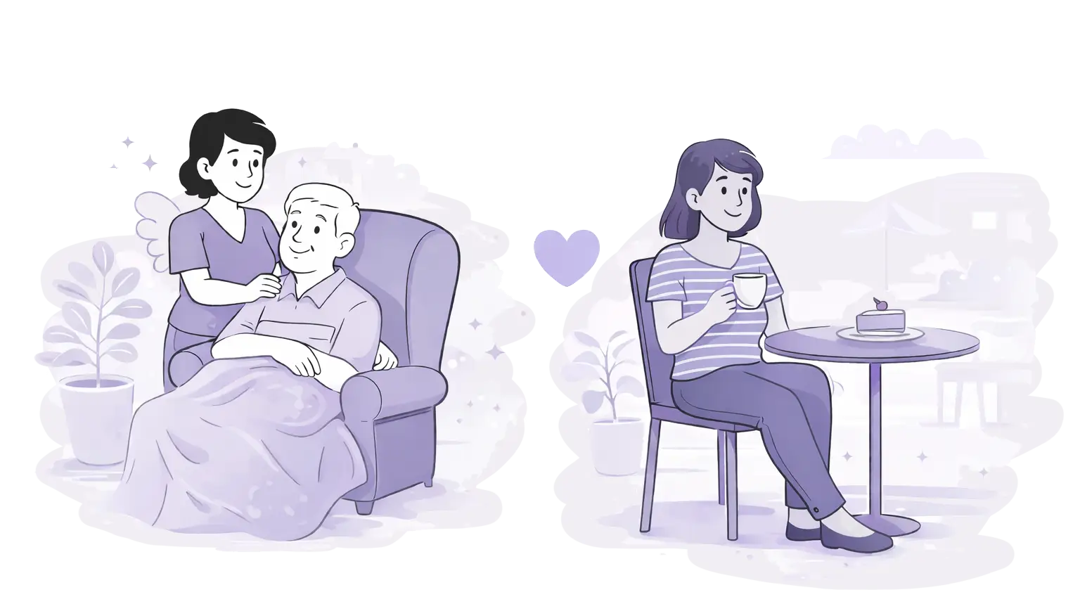 Freundliche Illustration einer Pflegekraft, die die Betreuung einer älteren Person übernimmt, während sich eine pflegende Angehörige entspannt eine Pause im Café gönnt.