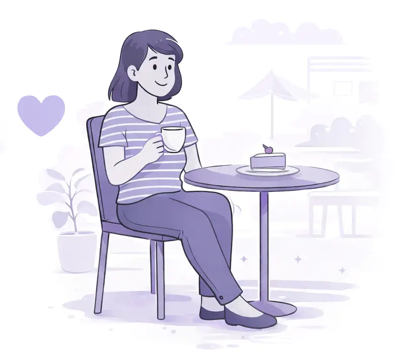 Freundliche Illustration einer Angehörigen, die sich wohlverdient und entspannt eine Pause im Café gönnt.