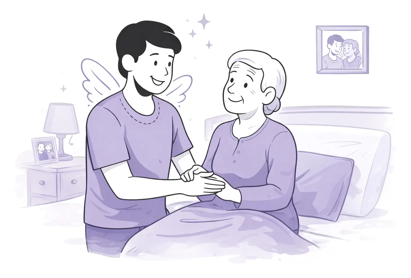 Freundliche Illustration einer Pflegekraft, die eine älteren Person freundlich zur Seite steht.