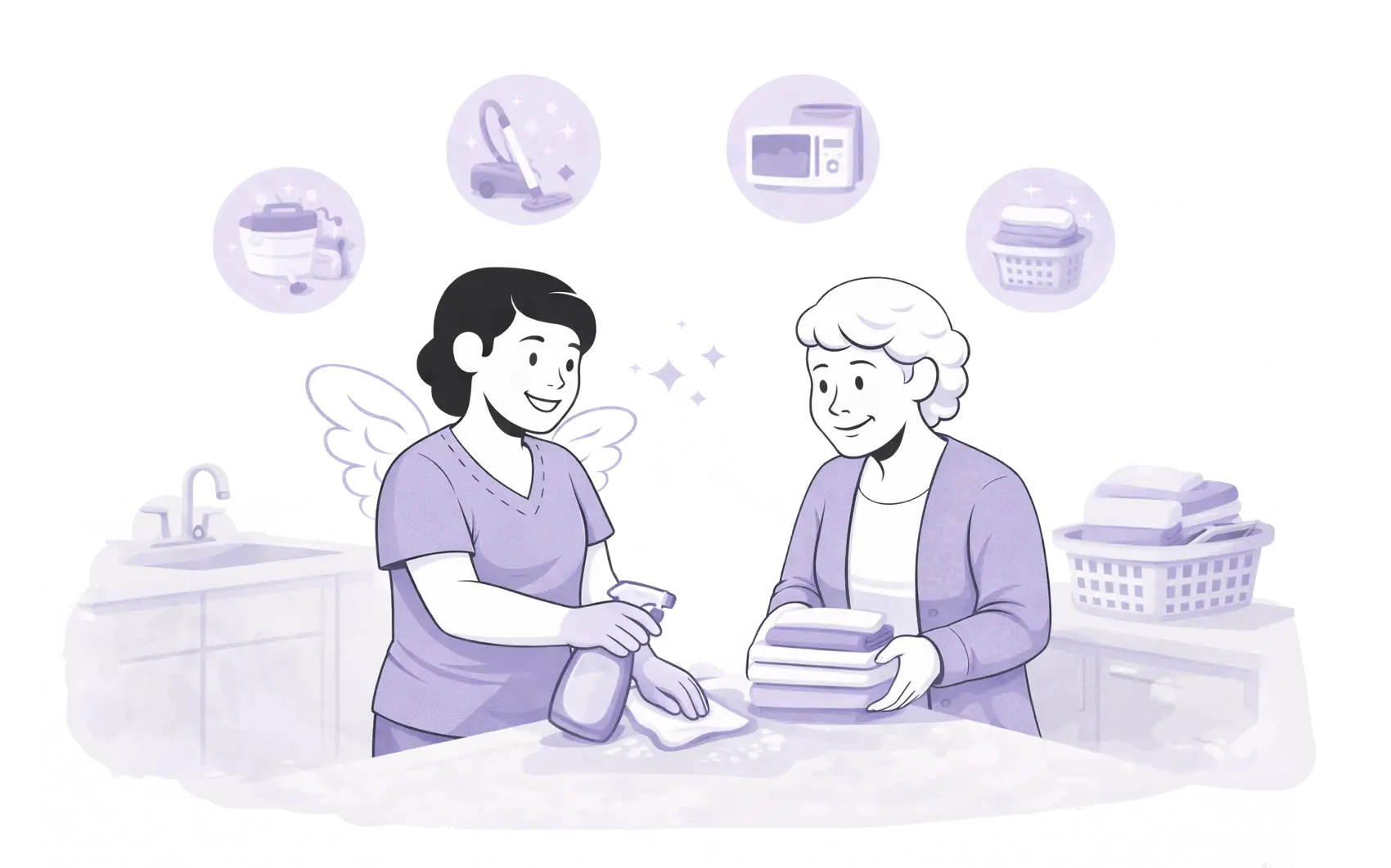 Freundliche Illustration einer Pflegekraft, die eine ältere Person bei hauswirtschaftlichen Tätigkeiten wie Reinigung und Wäscheversorgung im häuslichen Umfeld unterstützt.
