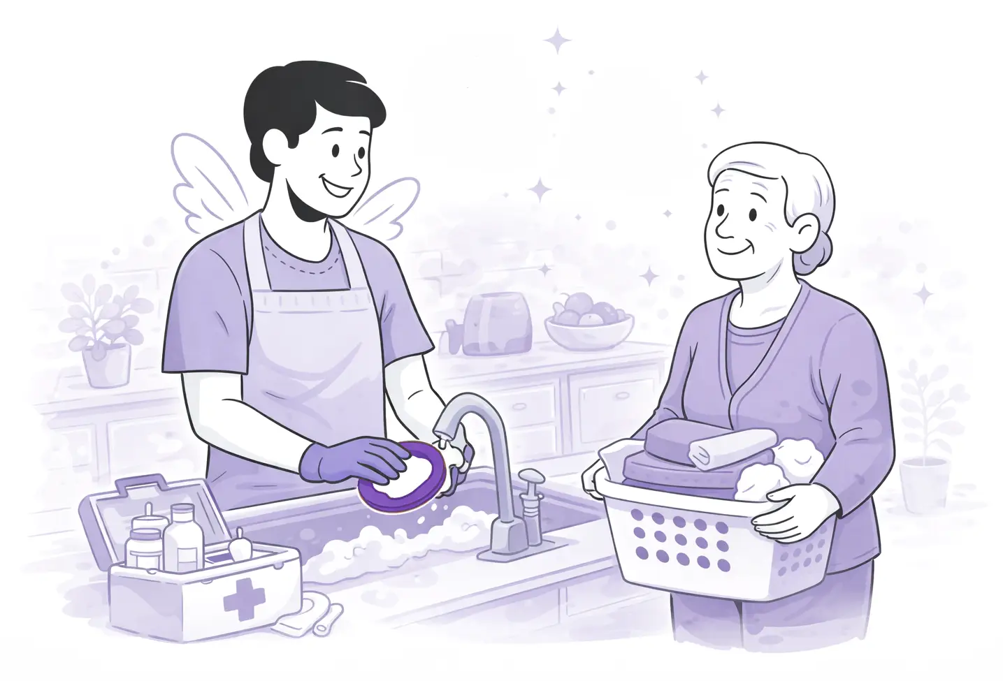 Pflegekraft unterstützt eine ältere Person im Haushalt beim Abwasch und bei der Wäsche.