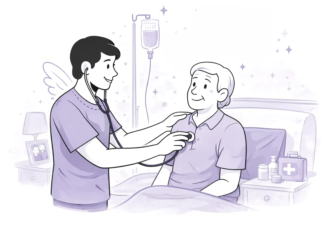 Freundliche Mitarbeiterin im Pflegekraft untersucht eine ältere Person mit einem Stethoskop und führt medizinische Behandlung im häuslichen Umfeld durch. mit Hörer in der Hand, neben ihr ein Kollege mit Klemmbrett und Checkliste; beide als stilisierte Pflege-Engel in lila Arbeitskleidung.