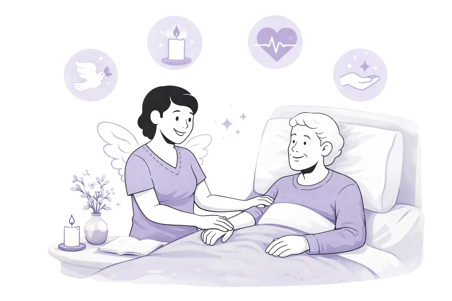 Freundliche Illustration einer Pflegekraft, die eine ältere Person fürsorglich am Bett begleitet und beruhigend die Hand hält, in ruhiger palliativer Pflegesituation.
