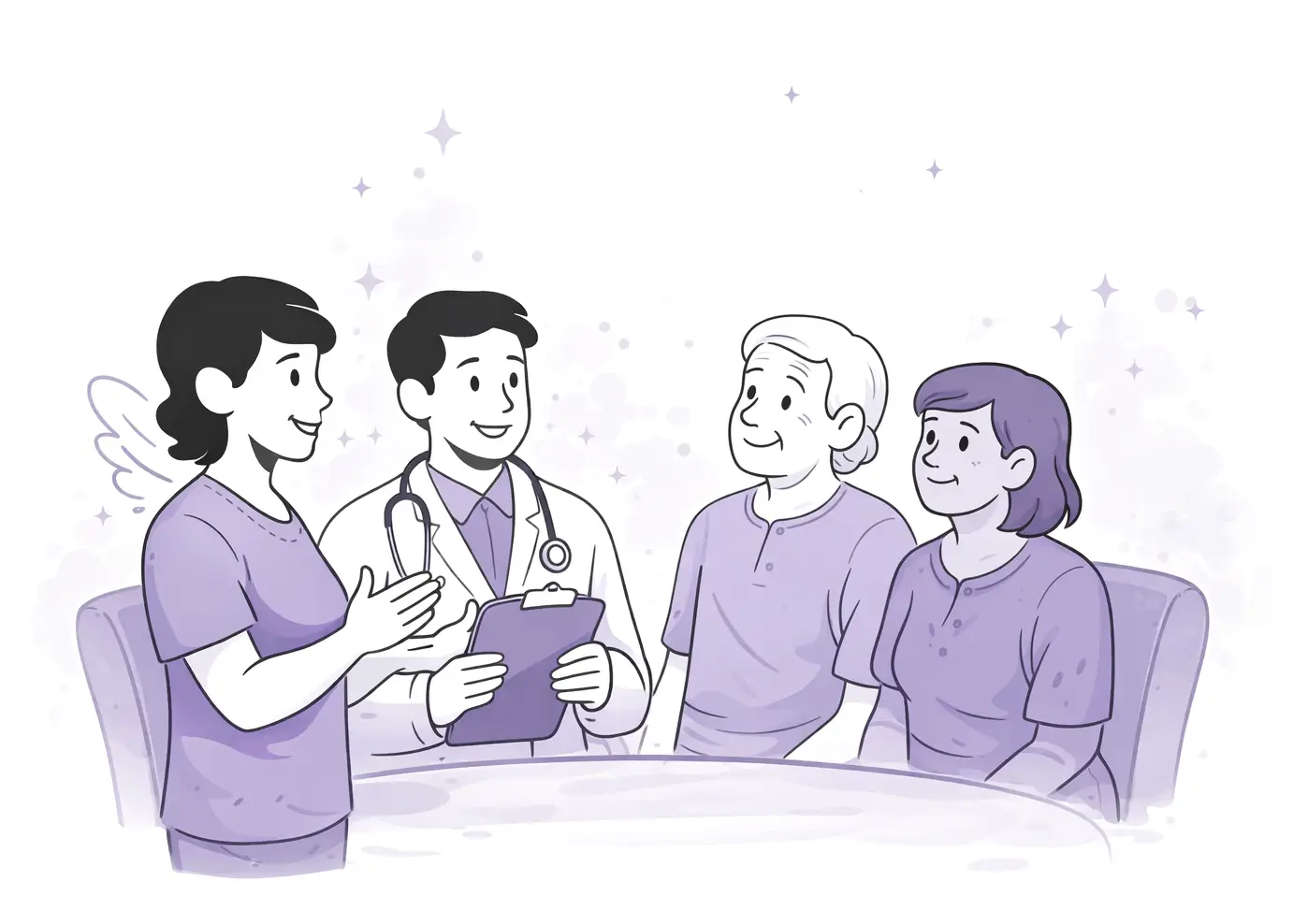 Pflegekraft bespricht gemeinsam mit einem Arzt und Angehörigen die Versorgung einer älteren Person im häuslichen Umfeld.