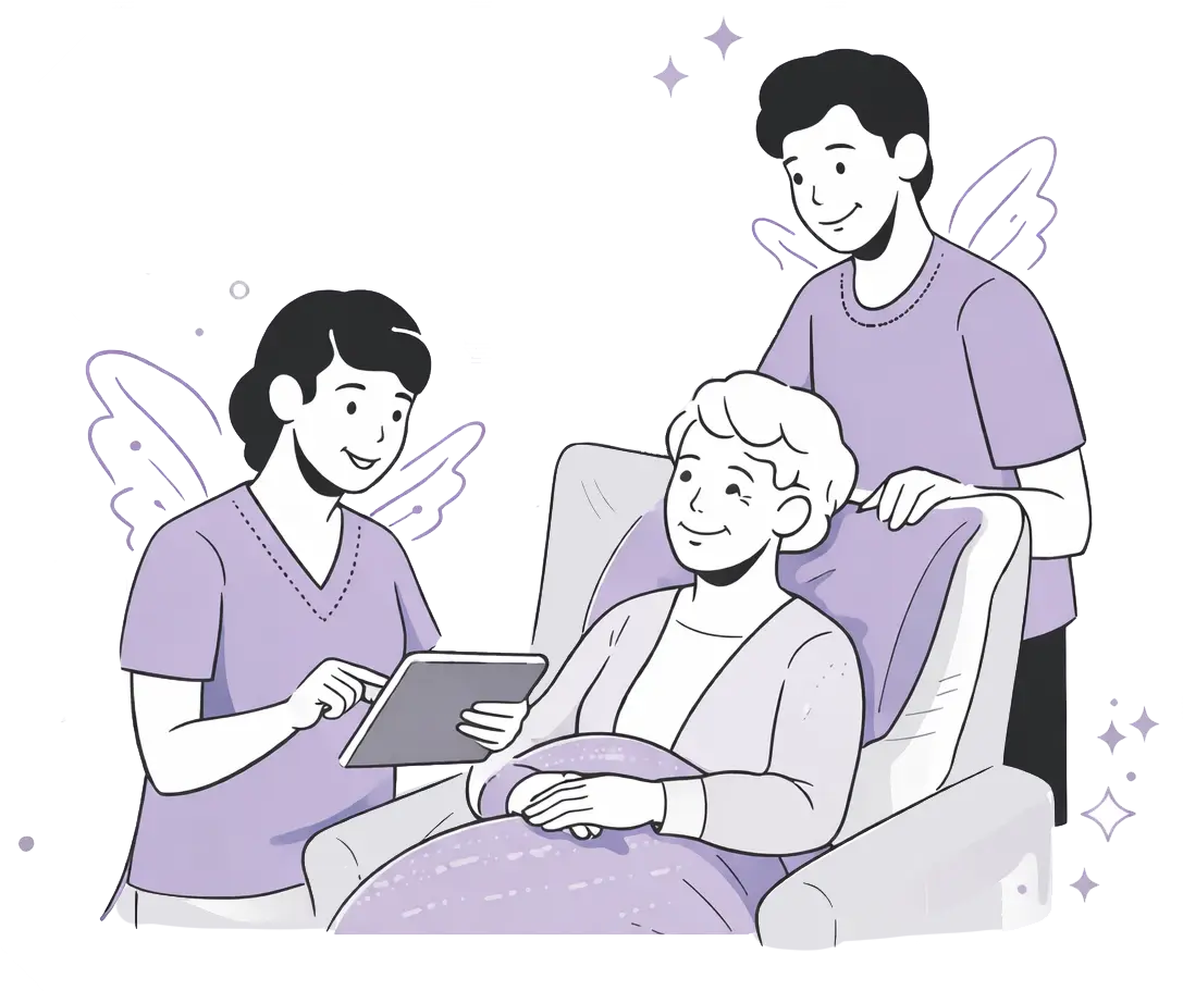 Freundliche Illustration einer Pflegekraft unterstützt eine ältere Person bei der täglichen Körperpflege am Waschbecken