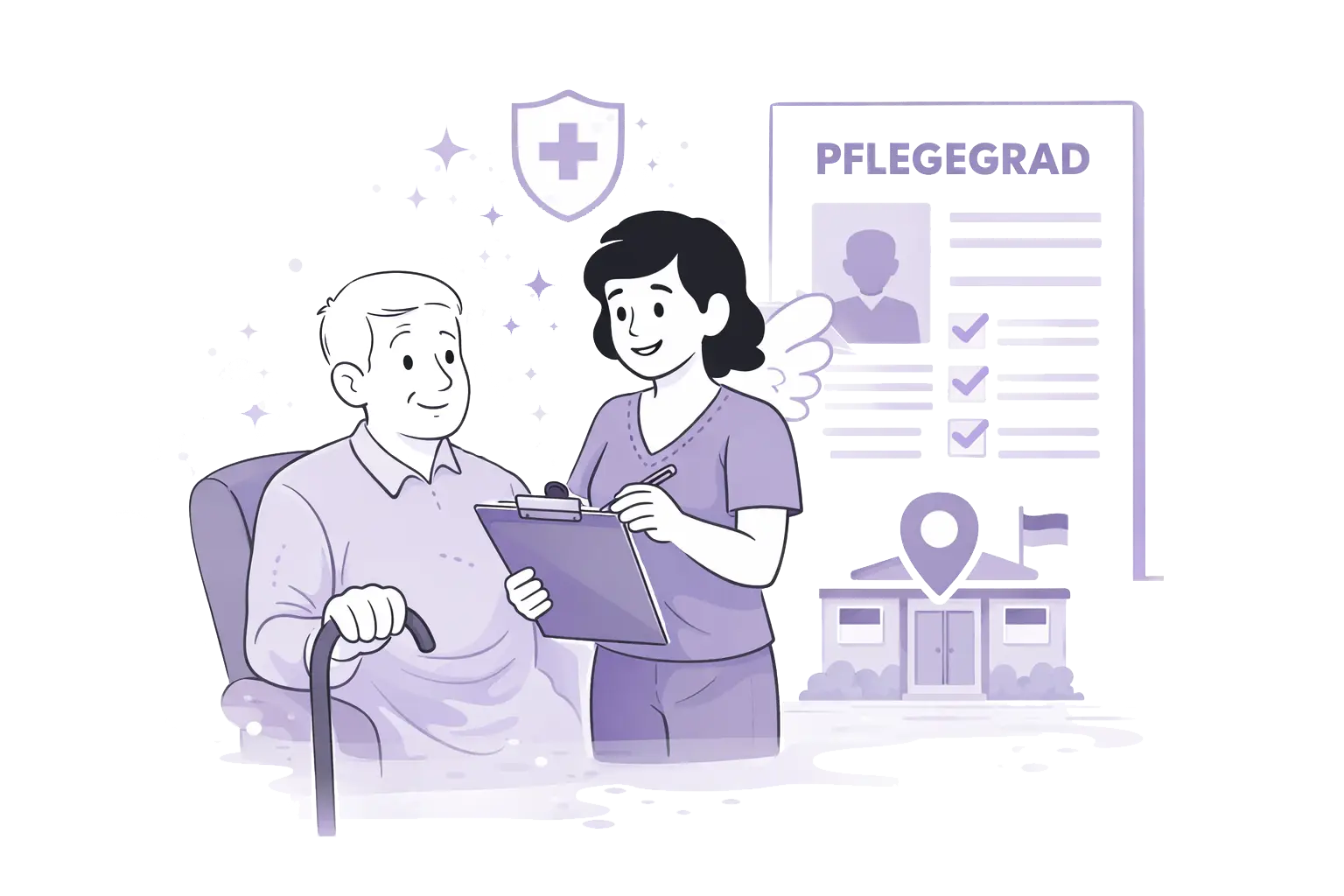 Freundliche Illustration einer Pflegekraft die einer älteren Person beim Ausfüllen eines Antrags für den Pflegegrad hilft.