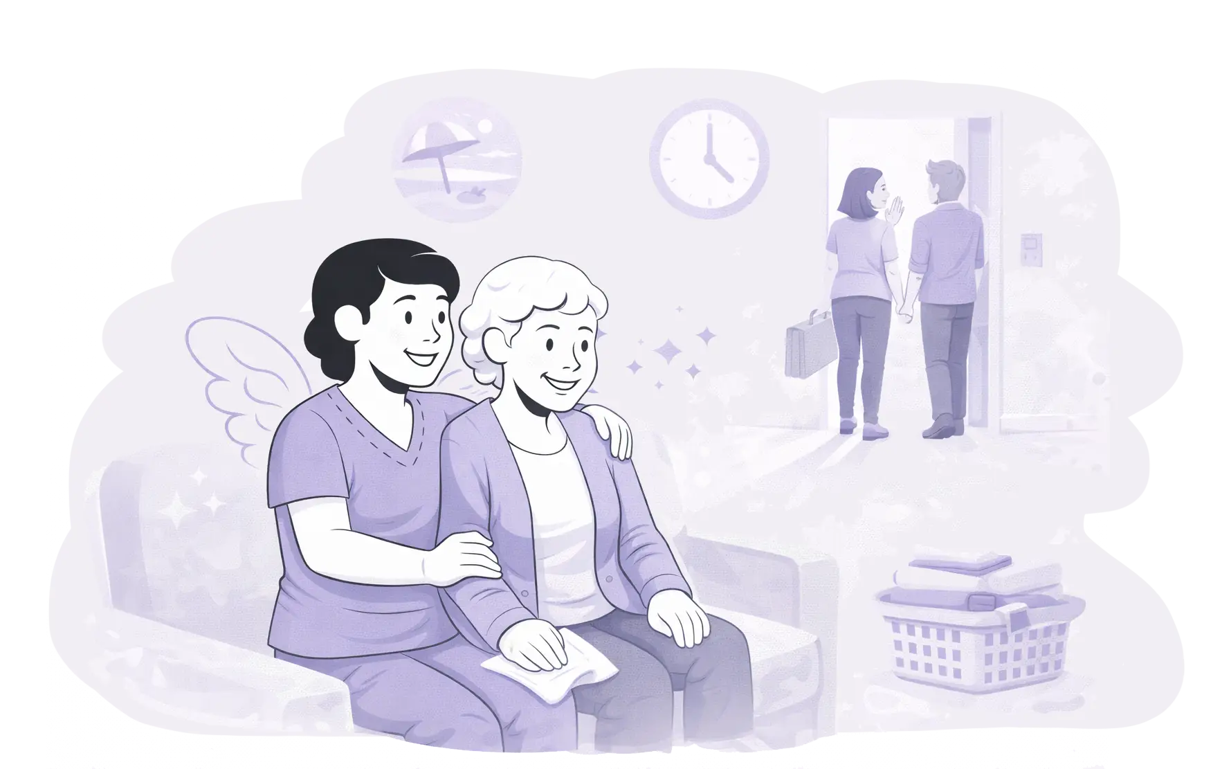 Freundliche Illustration einer Pflegekraft, die eine ältere Person während der Abwesenheit der Angehörigen im häuslichen Umfeld betreut und begleitet.