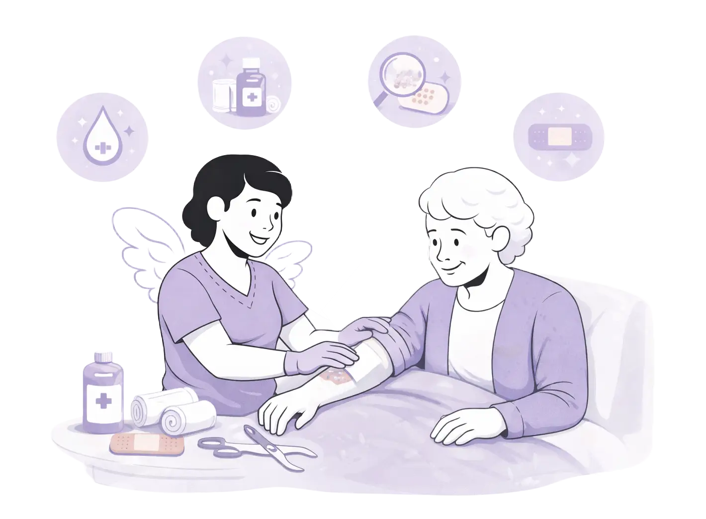 Freundliche Illustration einer Pflegekraft, fachgerecht eine Wunde am Arm einer älteren Person mit Verbandsmaterial versorgt.