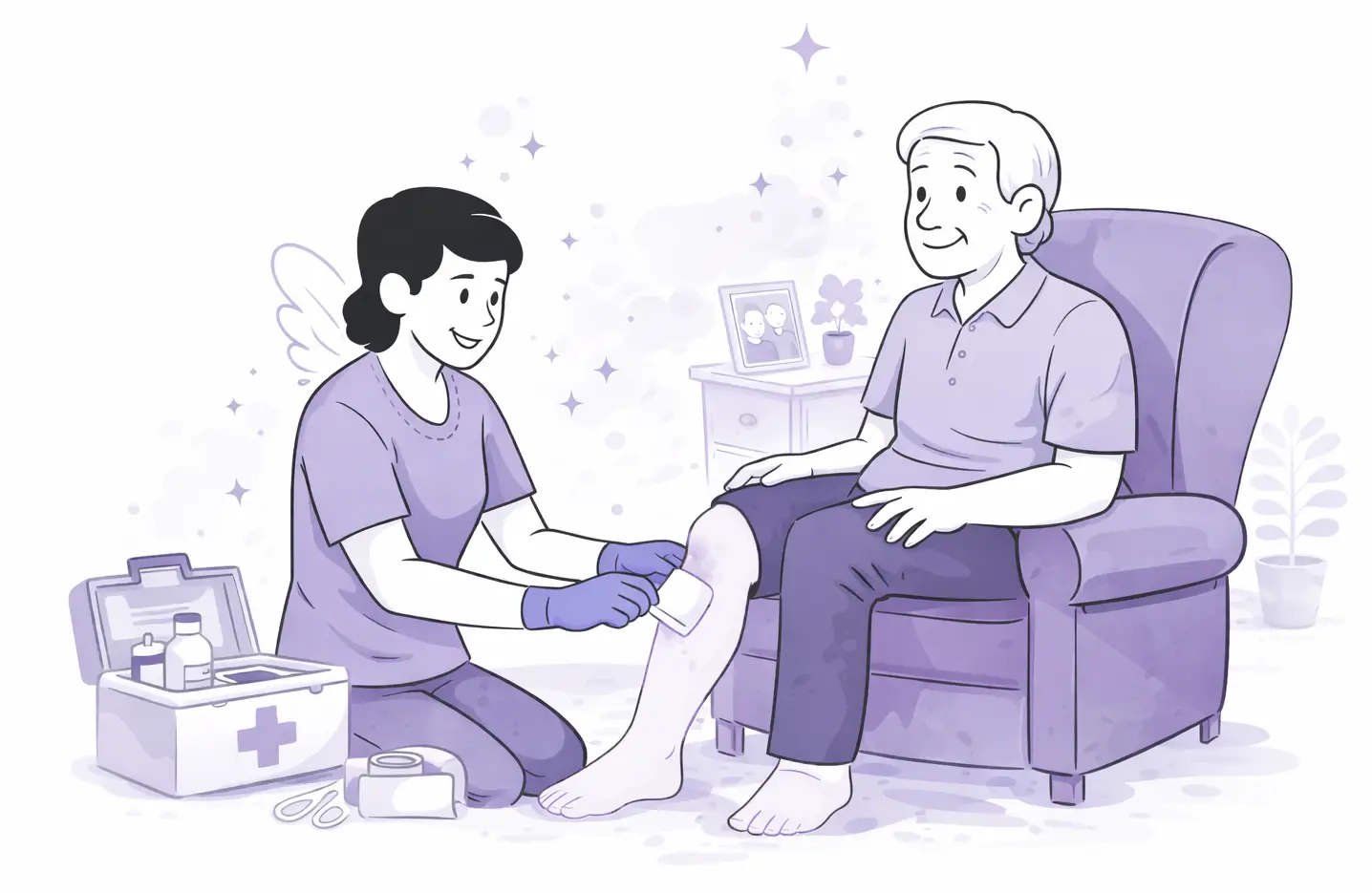 Pflegekraft versorgt fachgerecht eine Wunde am Bein einer älteren Person im häuslichen Umfeld.