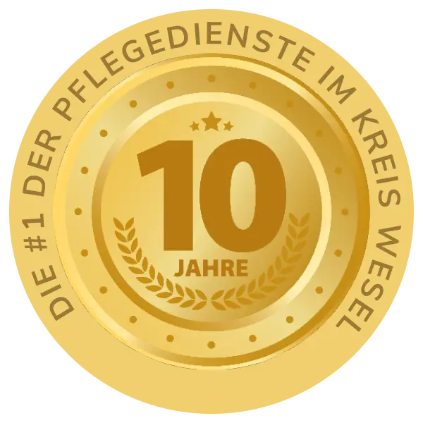 Goldenes rundes Jubiläumssiegel mit der Aufschrift „Die #1 der Pflegedienste im Kreis Wesel“ und „10 Jahre“ in der Mitte.